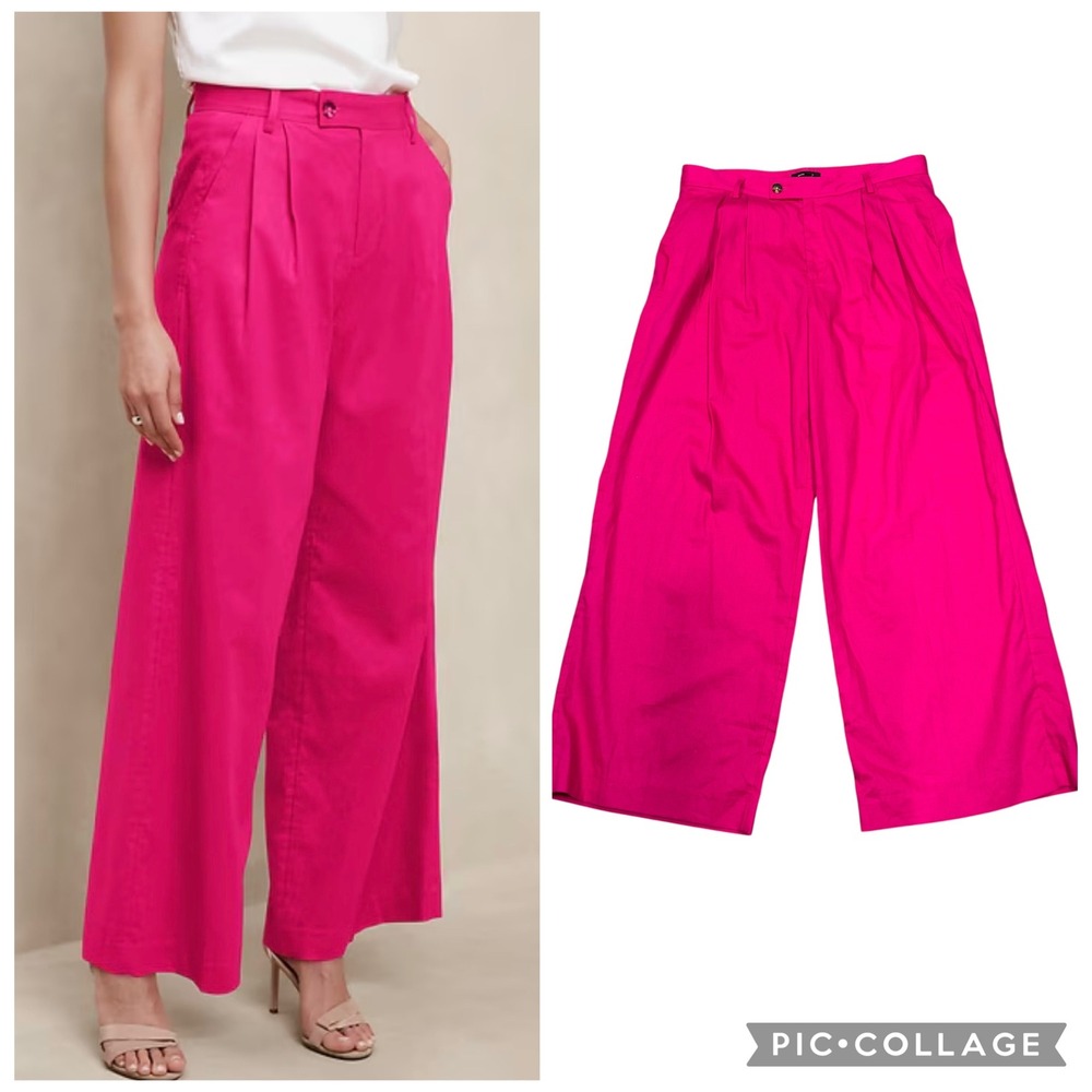 Banana Republic Linen Blend Wide Leg Pants 14 Hot Pink Pleated High Rise Trouser